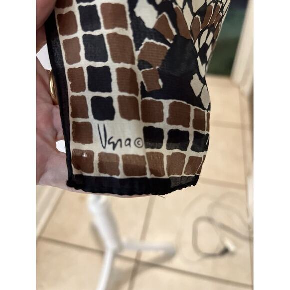 Vera Neumann Vintage Black Brown Square Pattern Rectangle Scarf 52x9 - Picture 2 of 4